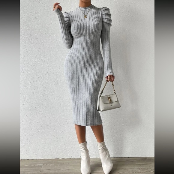 Elegant Mock Neck Puff Long Sleeve Ribbed Knit Bodycon Dress - Picture 7 of 16
